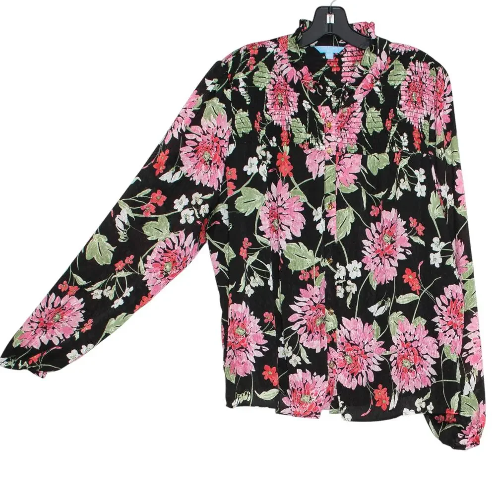Draper James Sheer Floral Button Top Peasant Boho Cottagecore Romantic Black XL